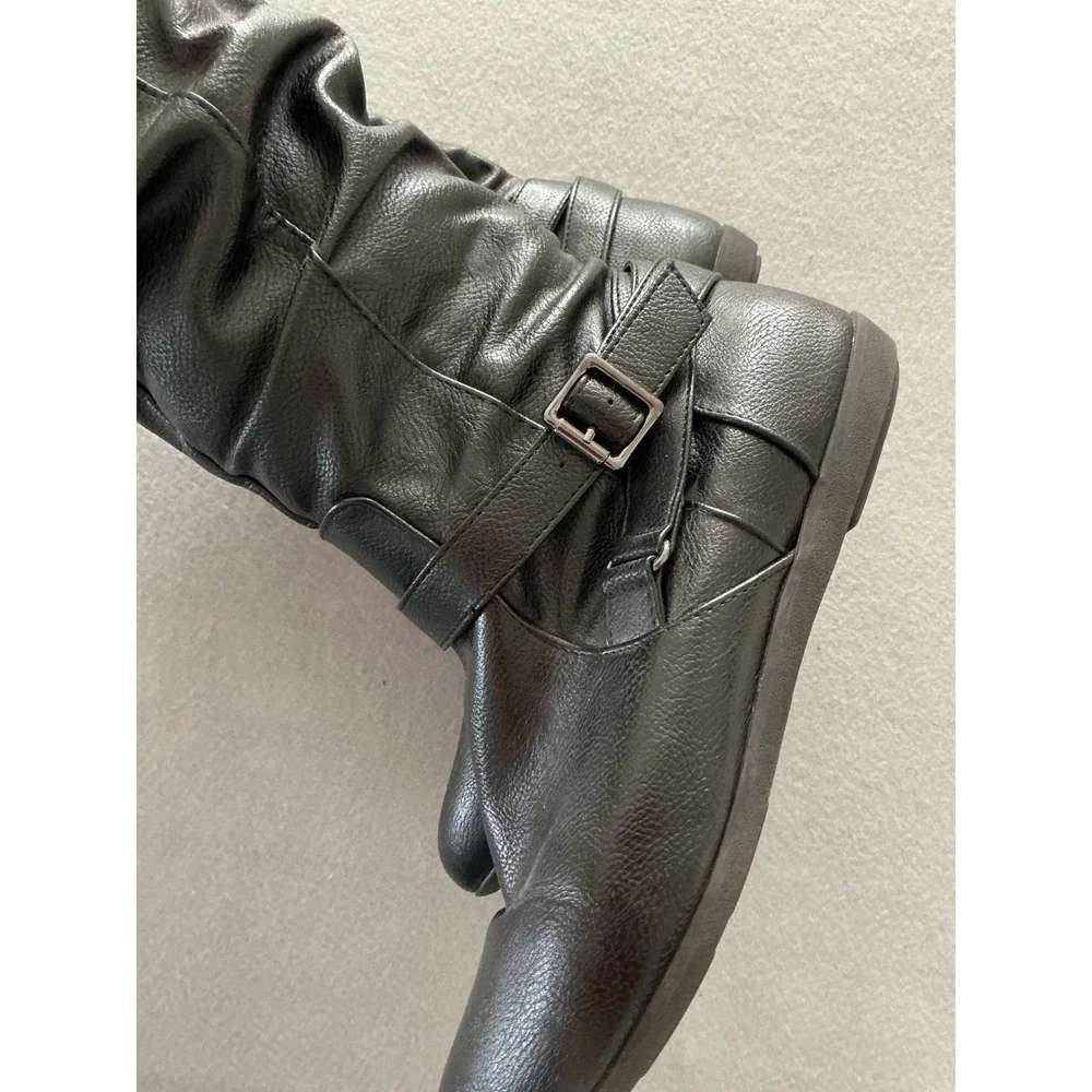 Route 66 Carey Slouch Tall Boots Size 10 Black Faux Leather Buckle Moto Flat